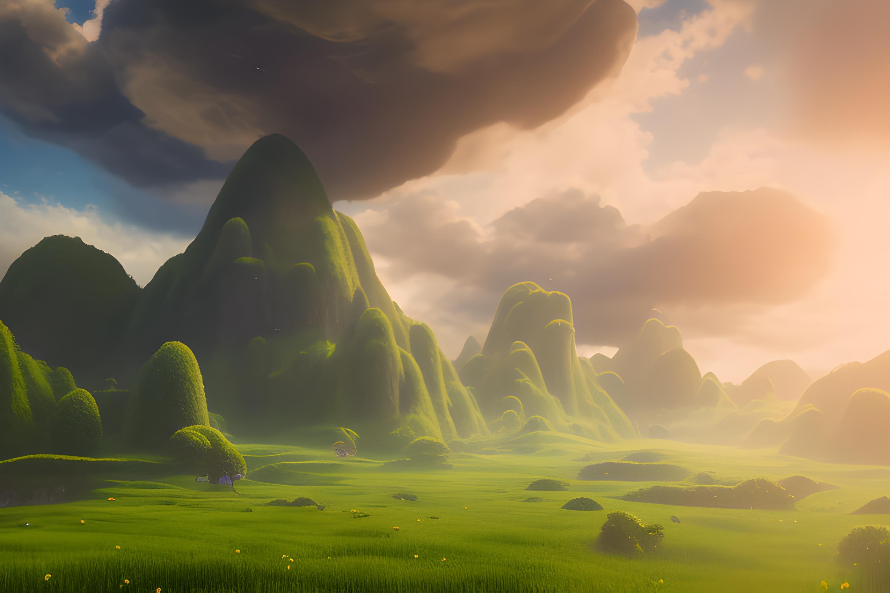 a man standing on top of a lush green field, cgsociety 9, floating lands in-clouds, cgsociety ), fl…
